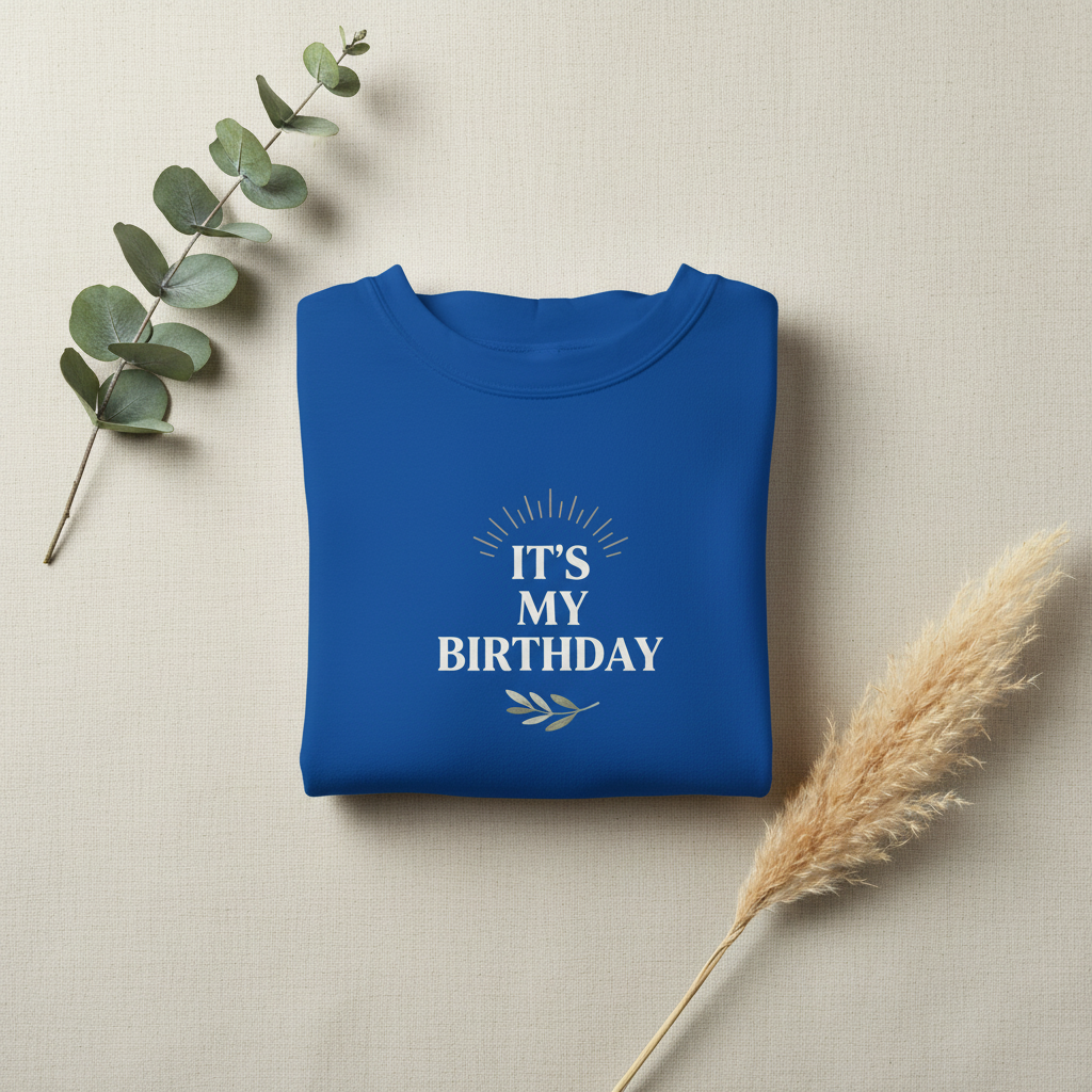 Folded royal blue birthday hooded sweatshirt with “It’s My Birthday” chest graphic