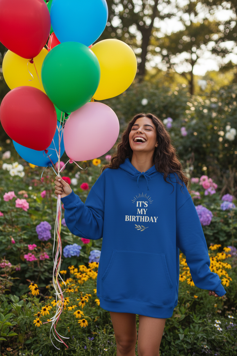 Royal blue hooded sweatshirt with kangaroo pocket and 'It's My Birthday' chest graphic