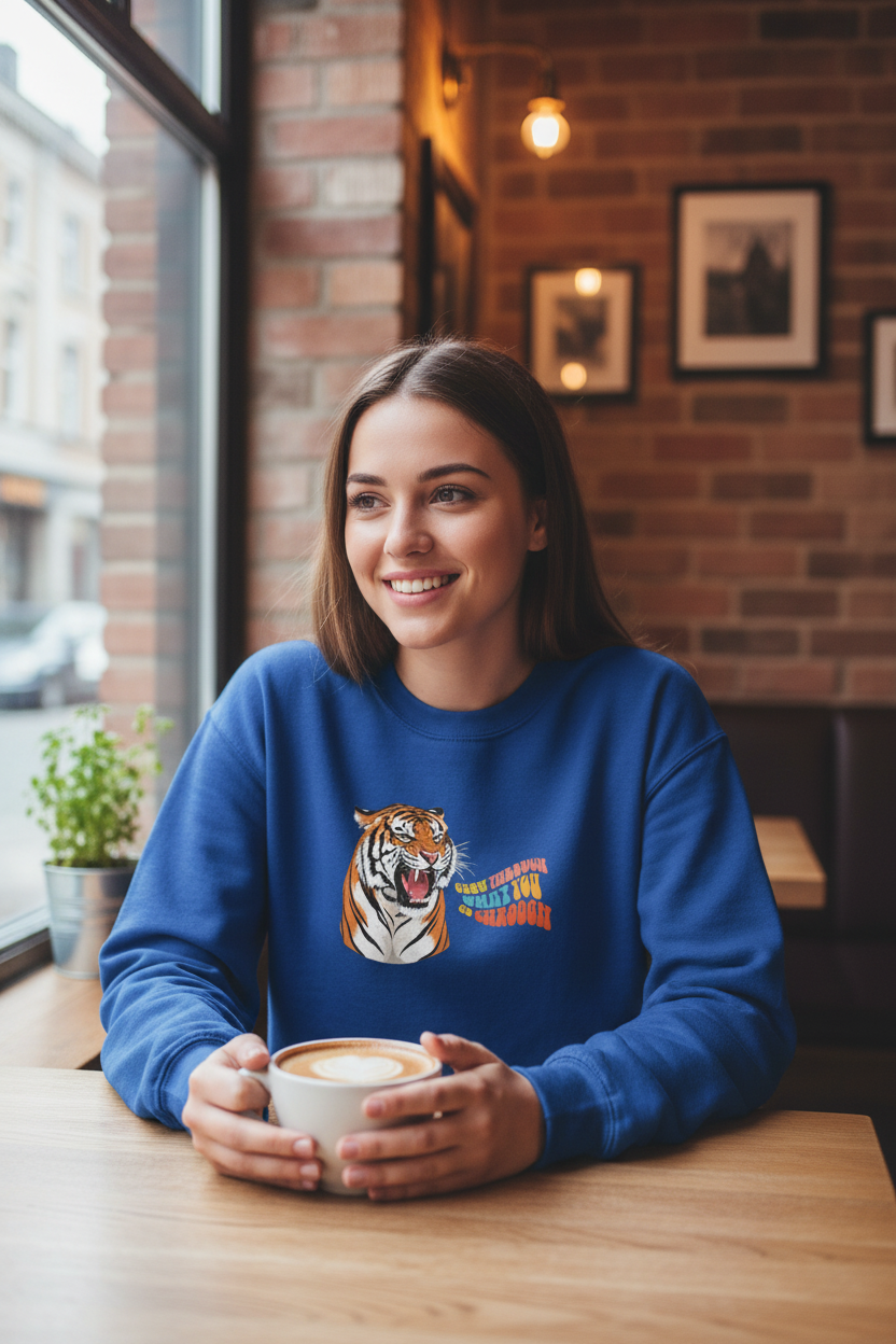 Royal blue crewneck sweatshirt with tiger head graphic on the front, woman holding a coffee cup