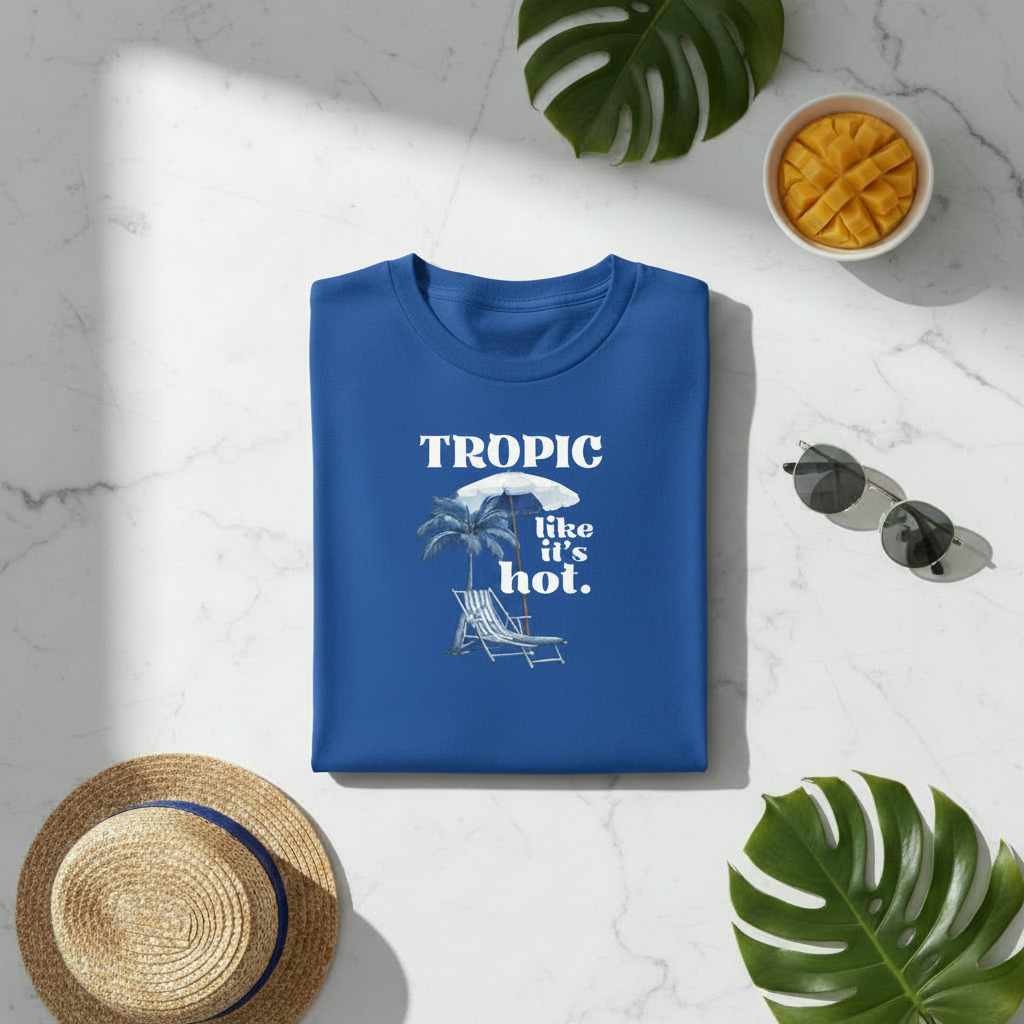 Royal blue crewneck T-shirt with palm, umbrella, and “like it’s hot” graphic