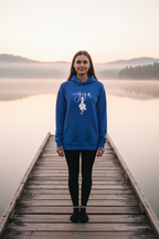Blue yoga hoodie with duck graphic, pullover hood and front kangaroo pocket