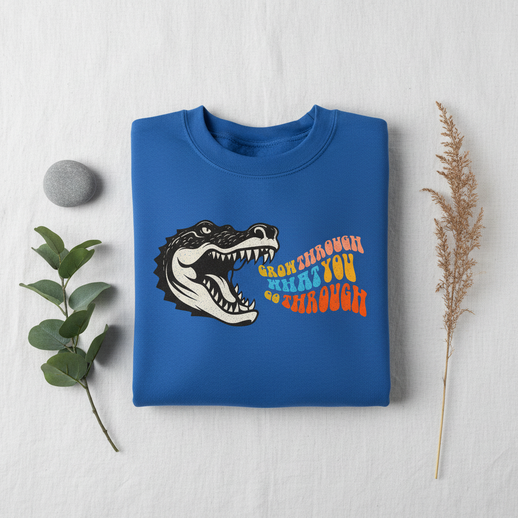 Royal blue sweatshirt with crocodile graphic and orange multicolor “grow through” text