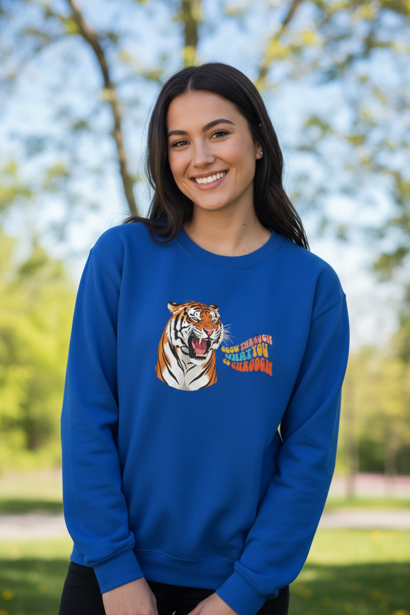 Royal blue crewneck sweatshirt with tiger head graphic on the front, woman standing outdoors