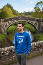 Blue crewneck sweatshirt with 'Keep the ocean blue' whale graphic, long sleeves
