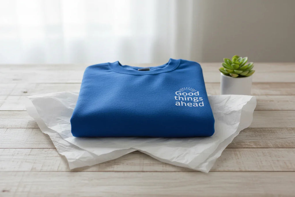 Folded blue crewneck sweatshirt with small chest logo