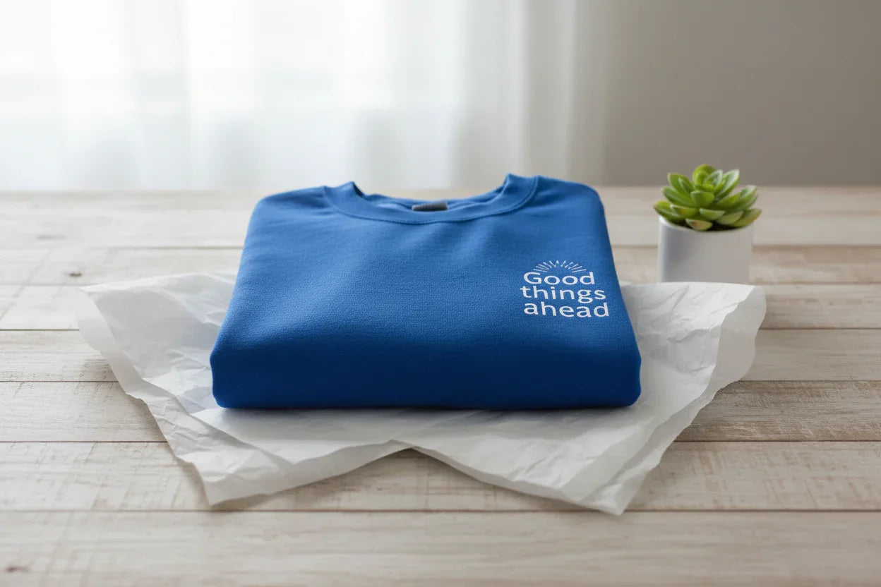 Folded blue crewneck sweatshirt with small chest logo