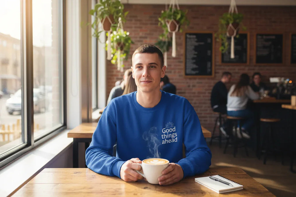 Blue crewneck sweatshirt with small chest logo and ribbed cuffs and hem