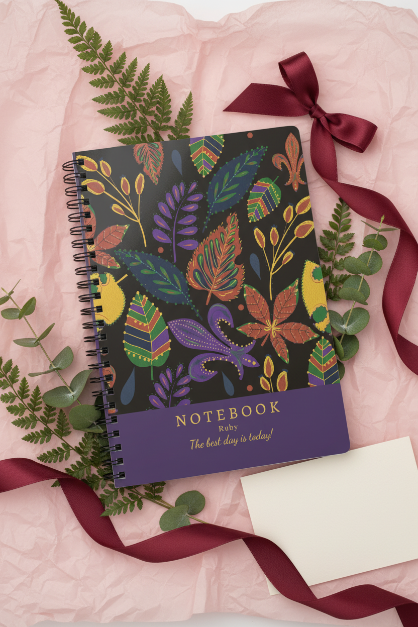 A5 lined spiral notebook with colorful leaf boho cover and burgundy ribbon tie