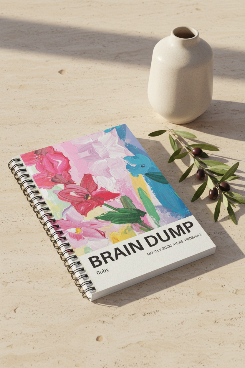 A5 spiral notebook with multicolor floral “BRAIN DUMP” cover on sandy background