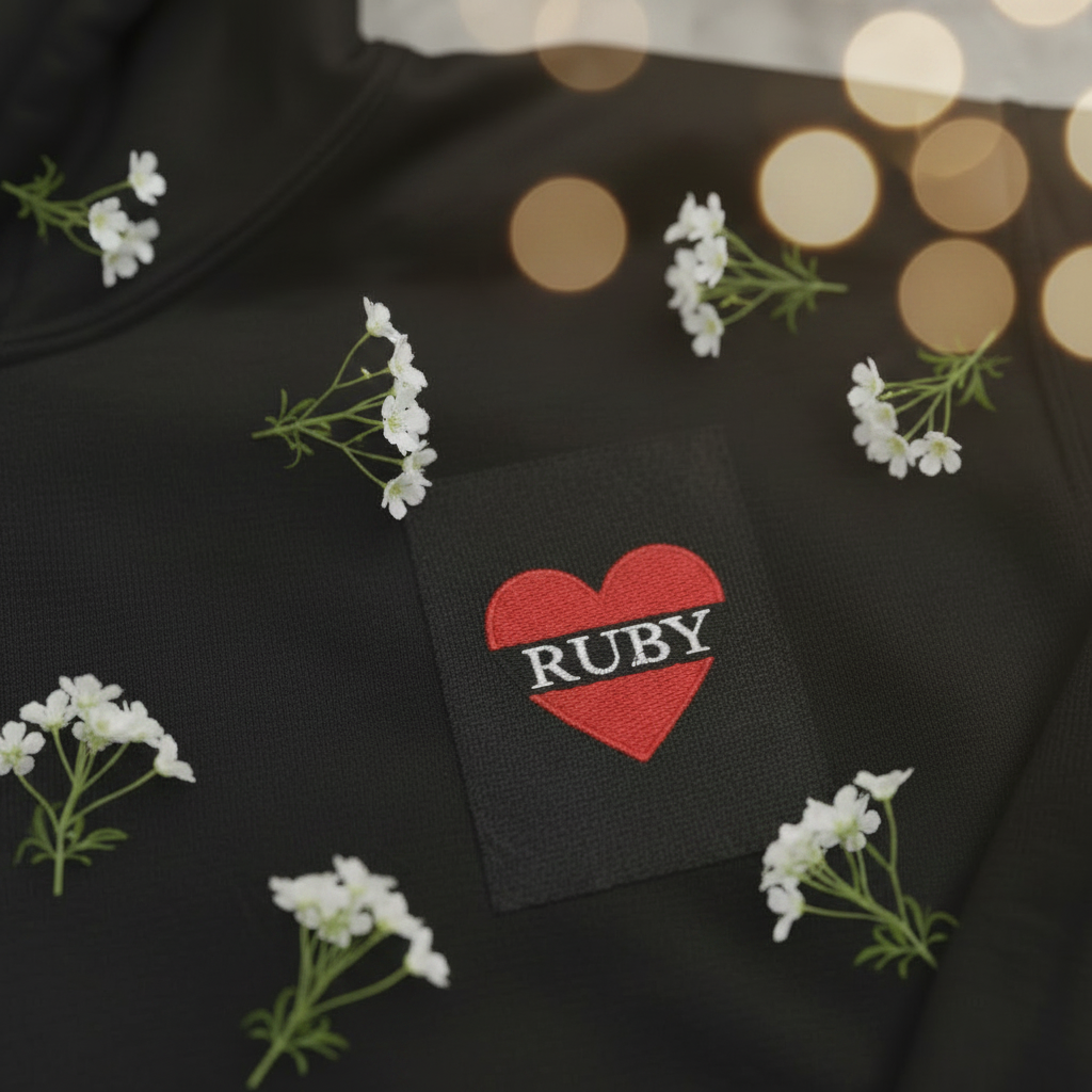 Black hoodie with red heart patch 'RUBY' on the chest
