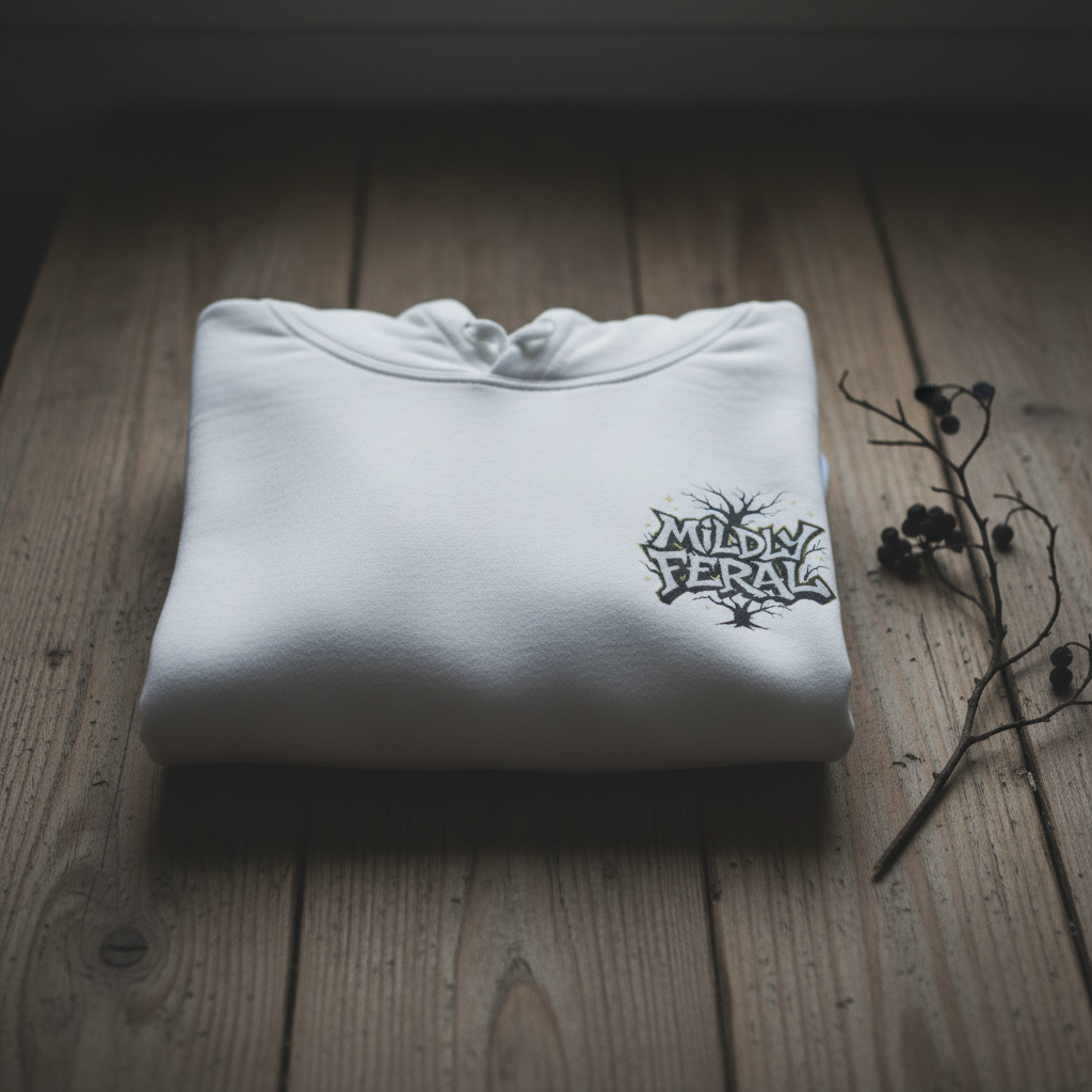 White graphic hoodie with hood and drawstrings, small chest logo