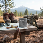 Gray mug with Ryan noun definition text and list, set outdoors on wooden table