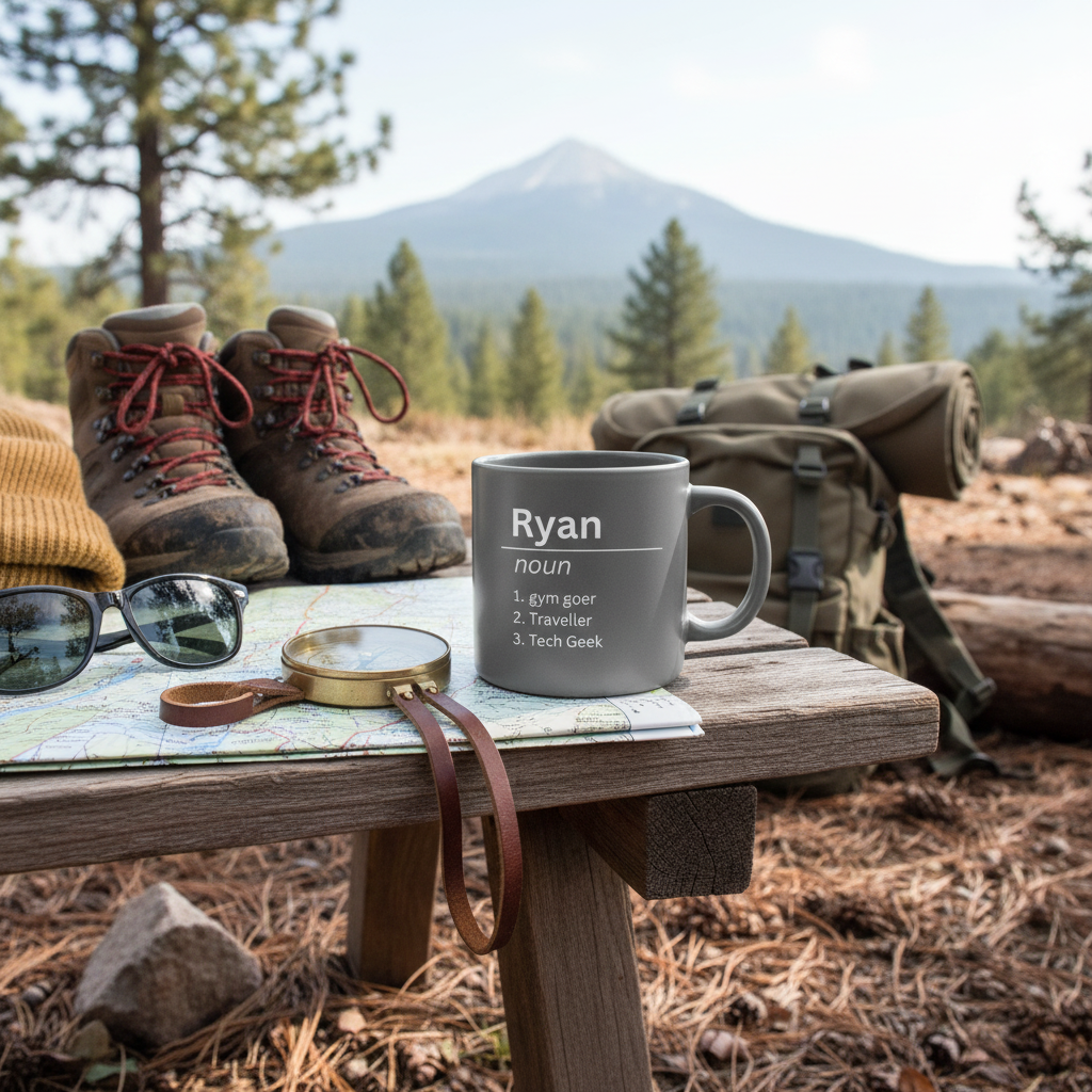 Gray mug with Ryan noun definition text and list, set outdoors on wooden table
