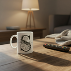 White personalized name mug on table with black floral design and “Sarah”