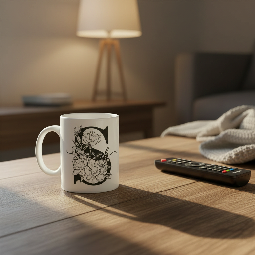 White personalized name mug on table with black floral design and “Sarah”