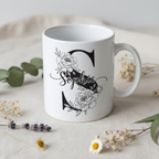 Personalised name mug with black floral monogram and Sophie script name