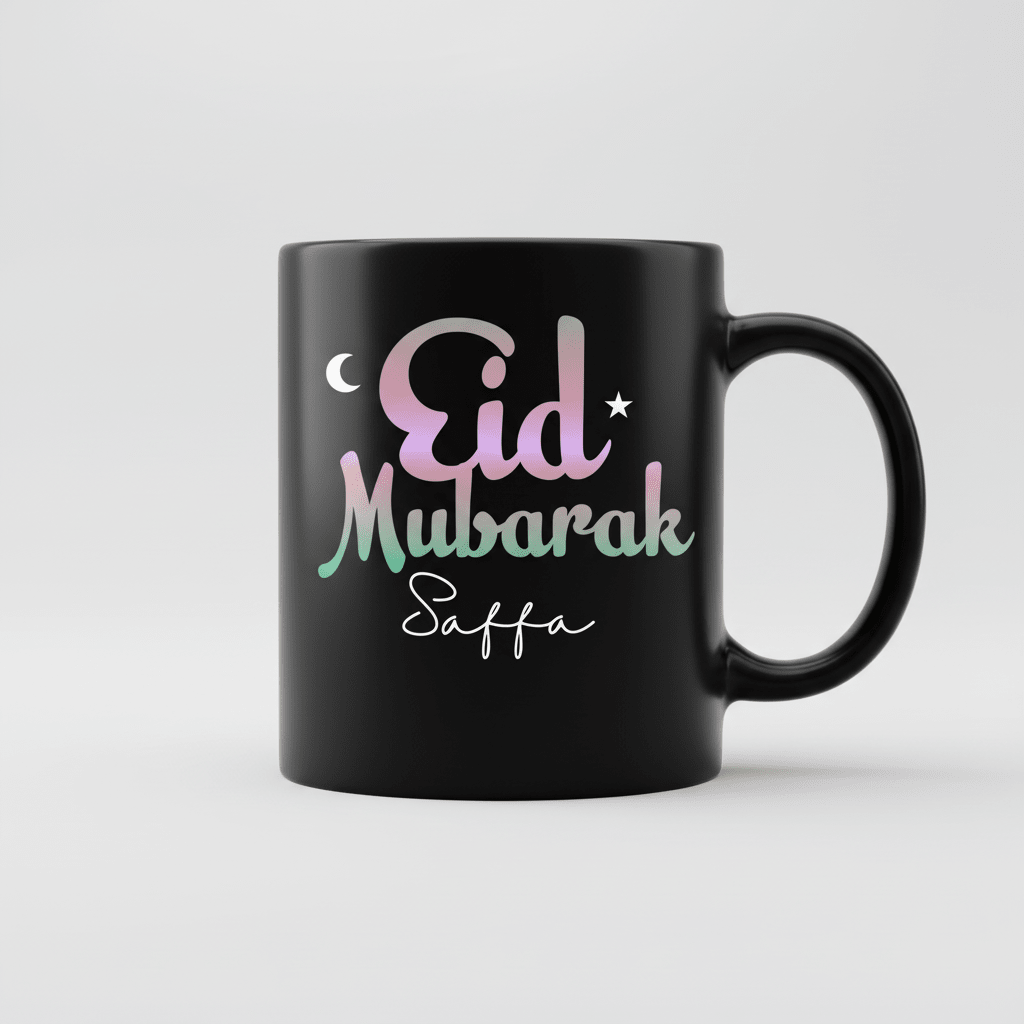 Black mug showing 'Eid Mubarak Saffa' text with crescent and stars.