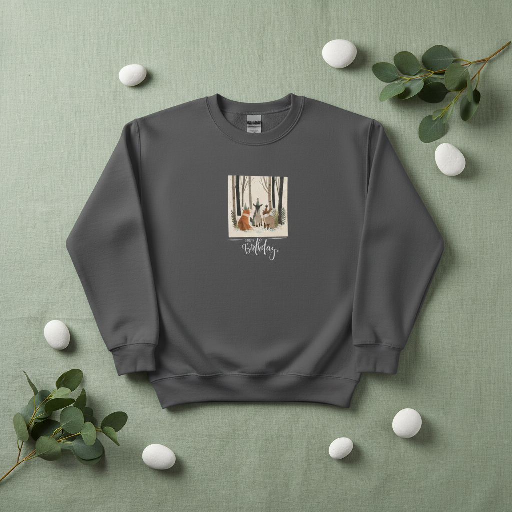 Charcoal woodland birthday animals sweatshirt with centered forest animal print