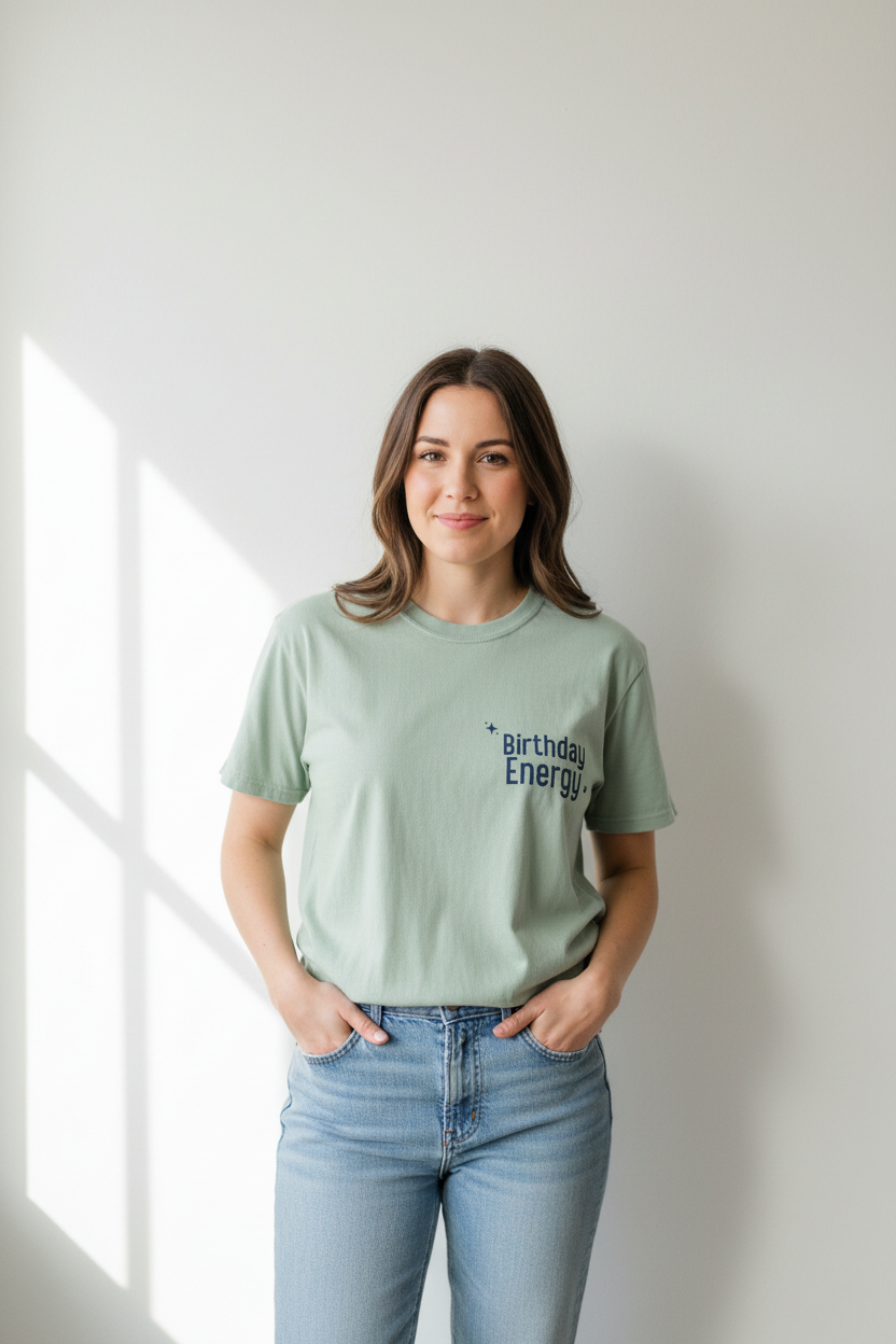 Seafoam green crewneck T-shirt with "Birthday Energy" text graphic