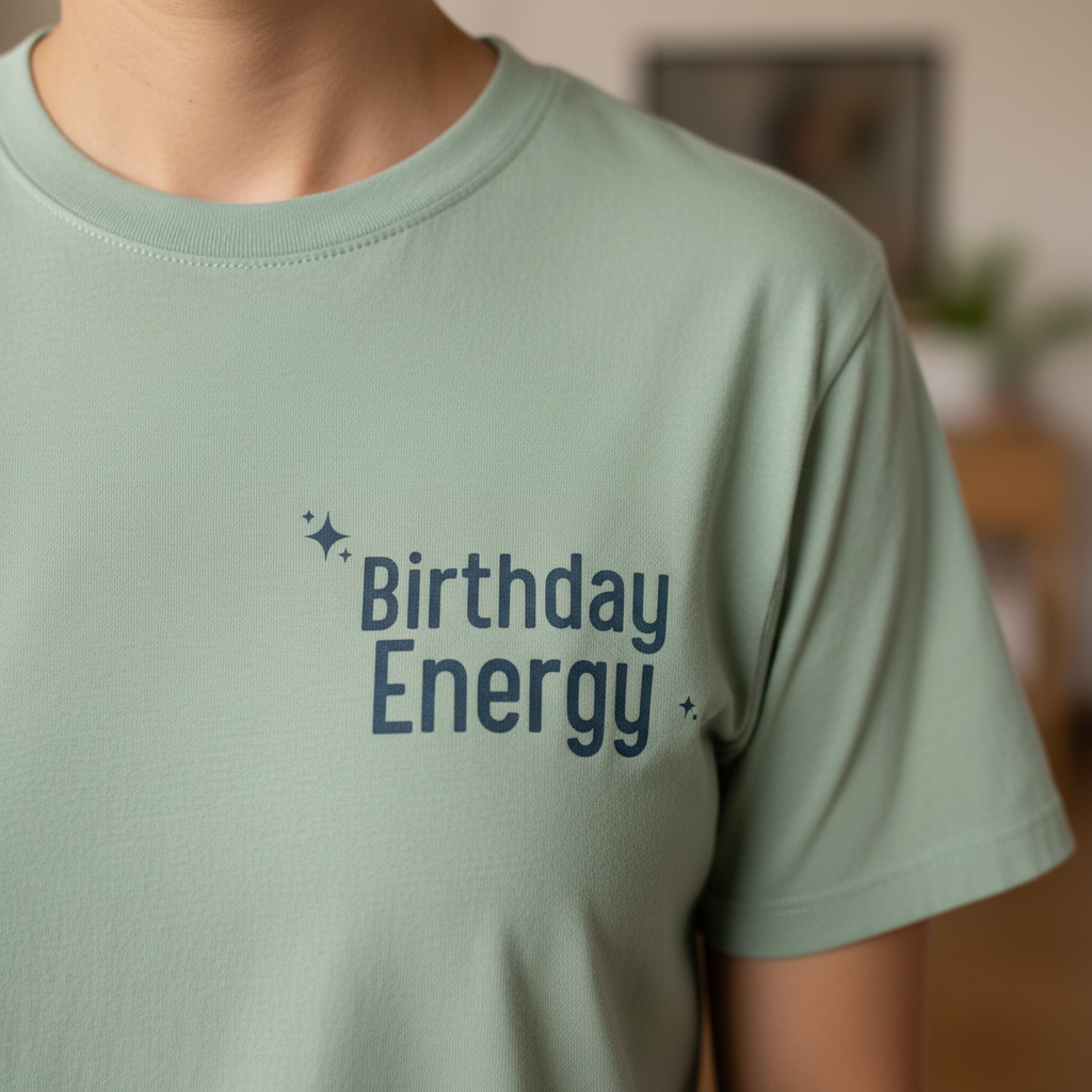 Seafoam Birthday Energy T-shirt with front text graphic and small sparkle accents