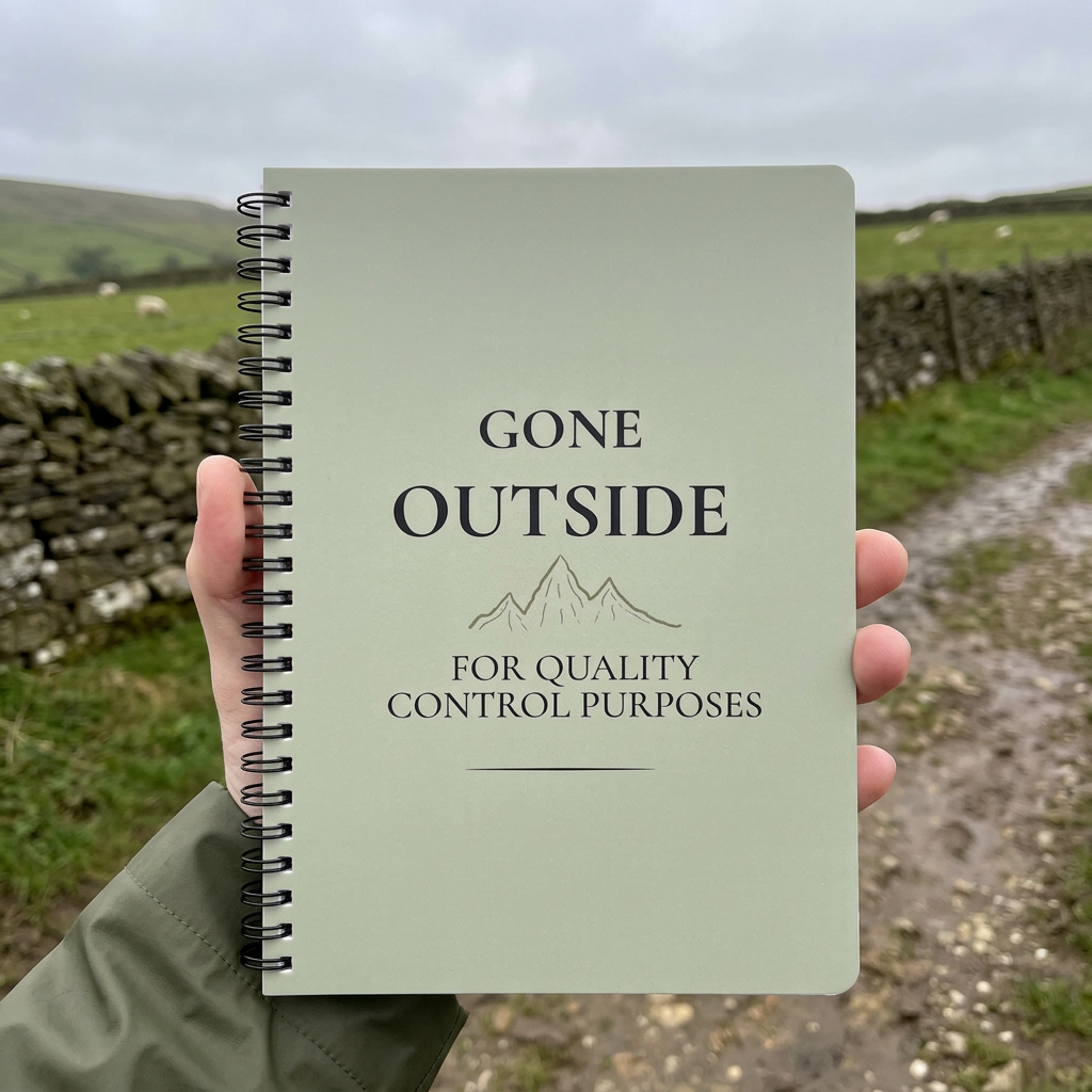 Sage green Gone Outside notebook held on a countryside walk