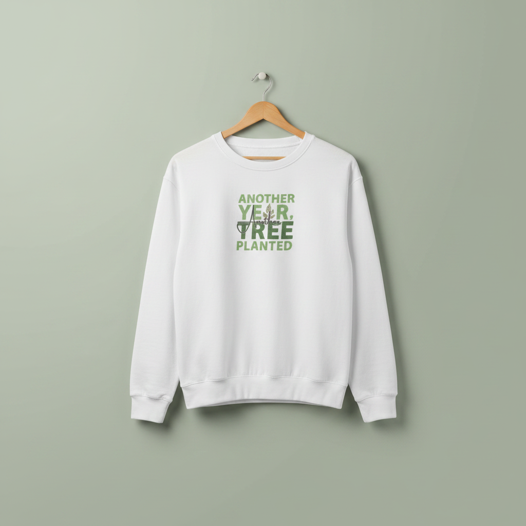 White crewneck sweatshirt on hanger with green “Another Year, Tree Planted” chest graphic.
