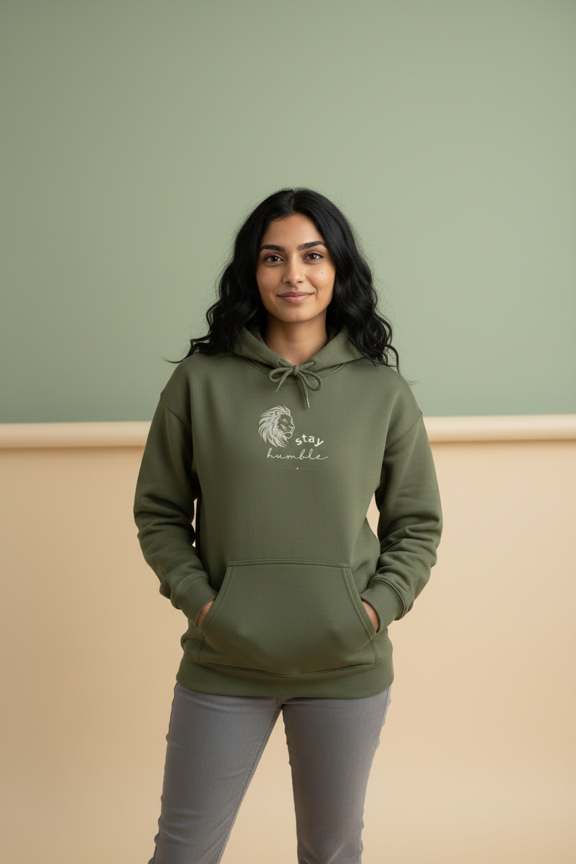 Dark green lion graphic hoodie with drawstring hood and front kangaroo pocket