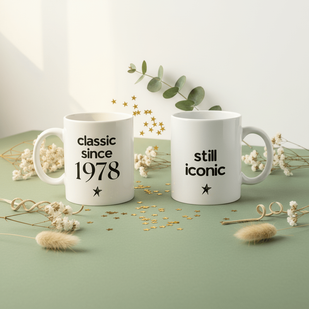 Two white ceramic coffee mugs: “classic since 1978” on left and “still iconic” on right
