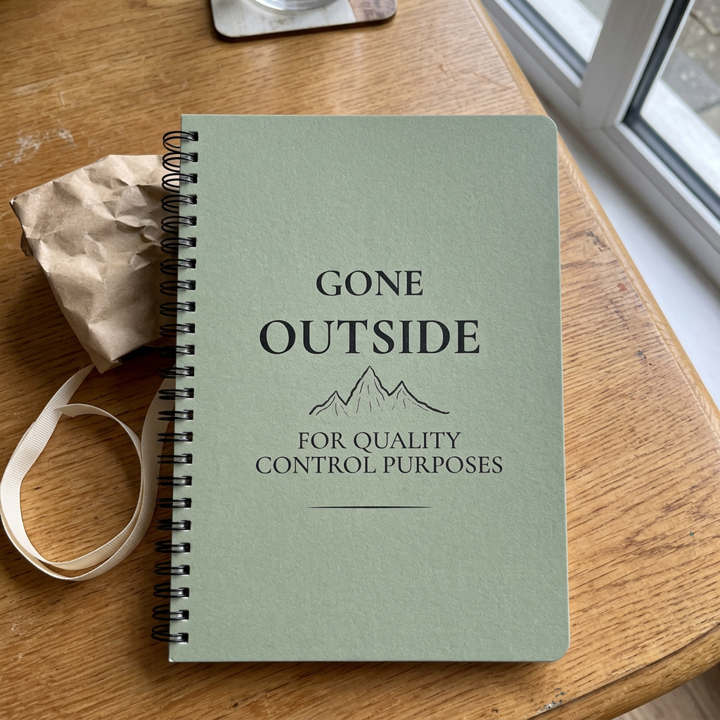 Sage green notebook beside kraft paper and ribbon