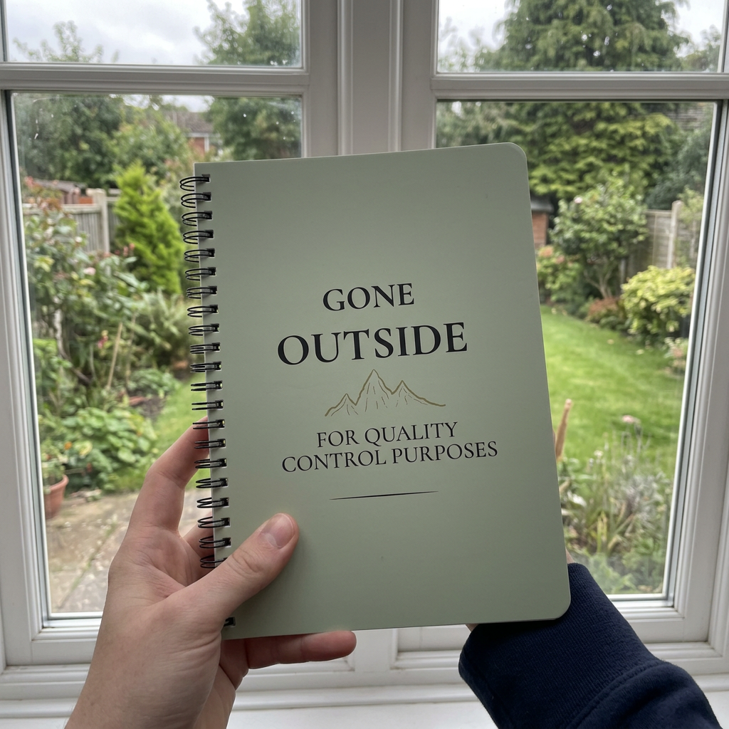 Sage green notebook held beside a window
