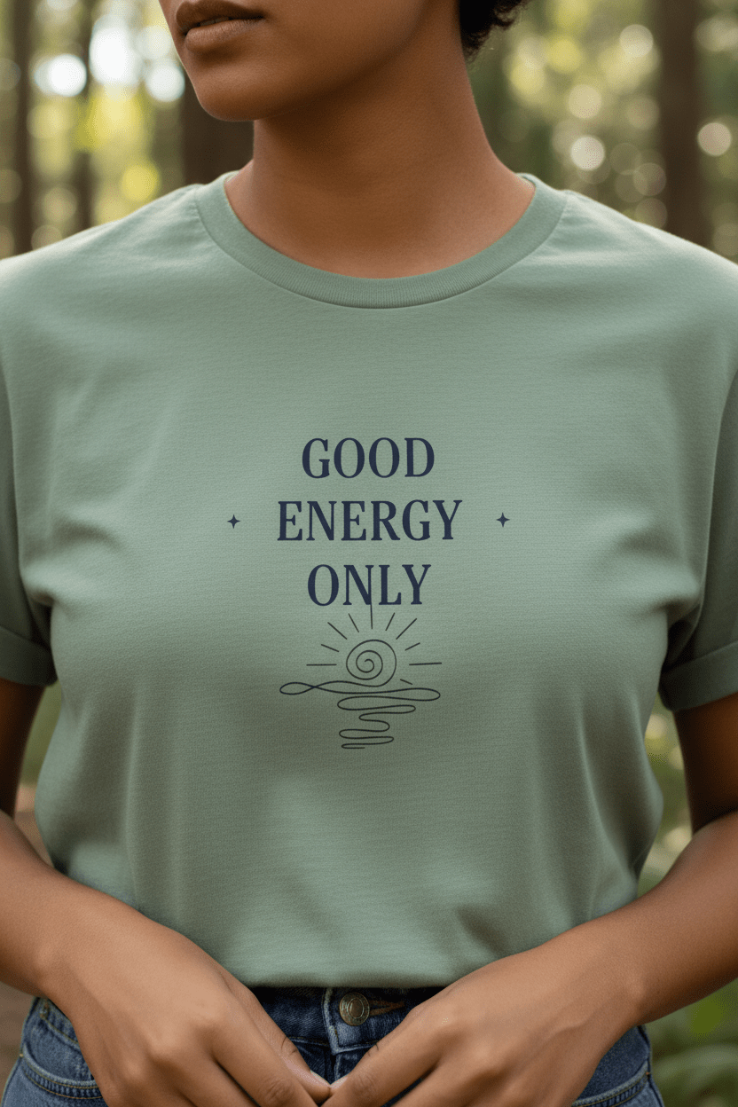 Sage green crew-neck T-shirt with dark “GOOD ENERGY ONLY” graphic on the chest