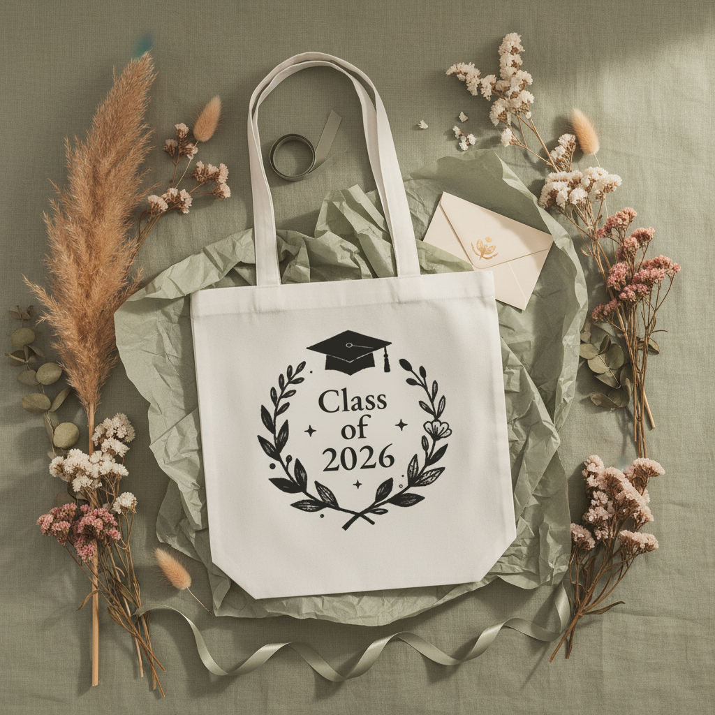 Light-colored graduation tote bag with 'Class of 2026' laurel wreath logo