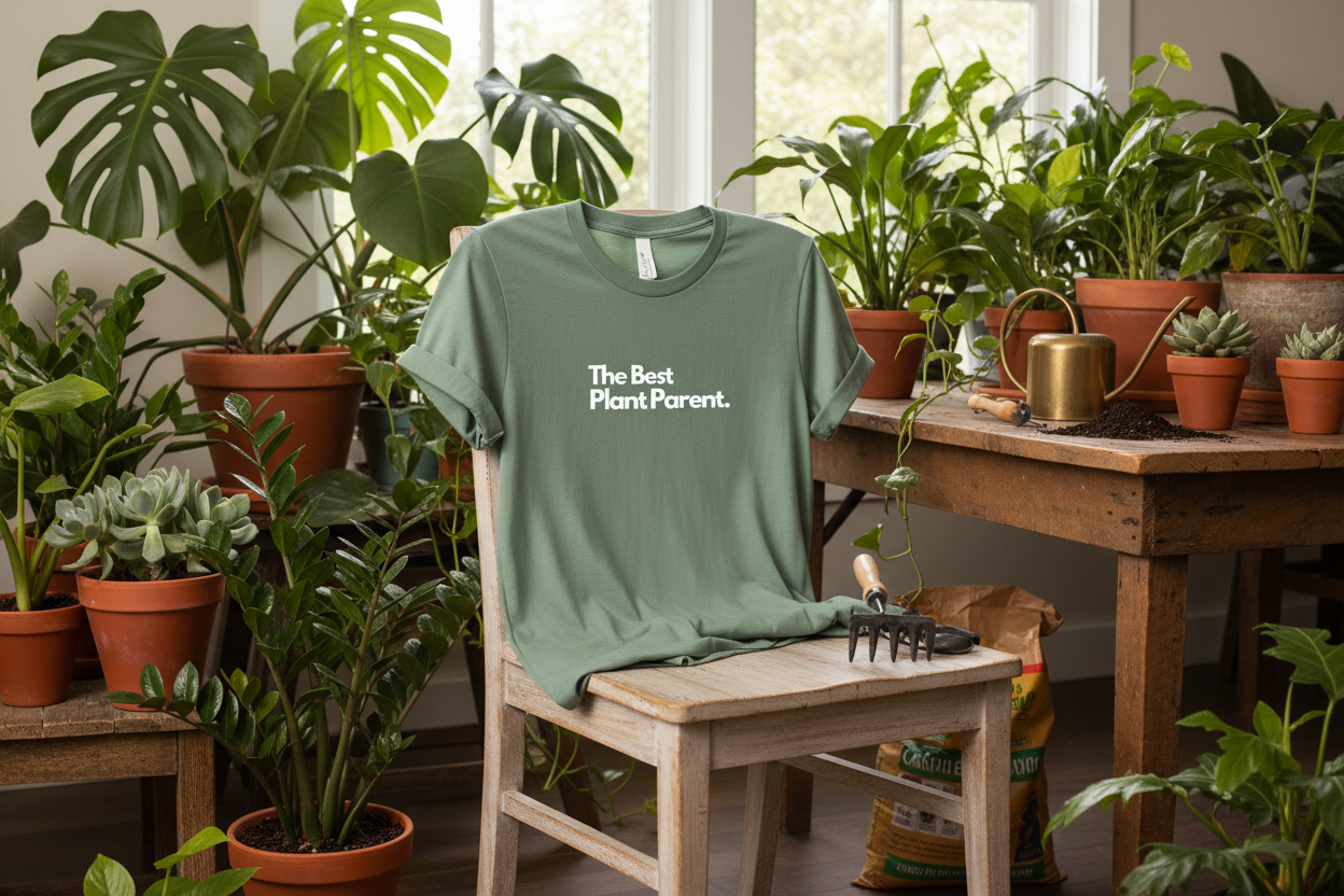Green unisex T-shirt with front text “The Best Plant Parent”