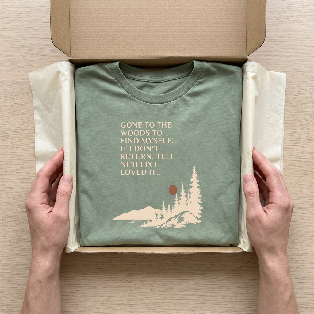 Sage green hiking t-shirt folded in shipping box with woodland graphic and quote