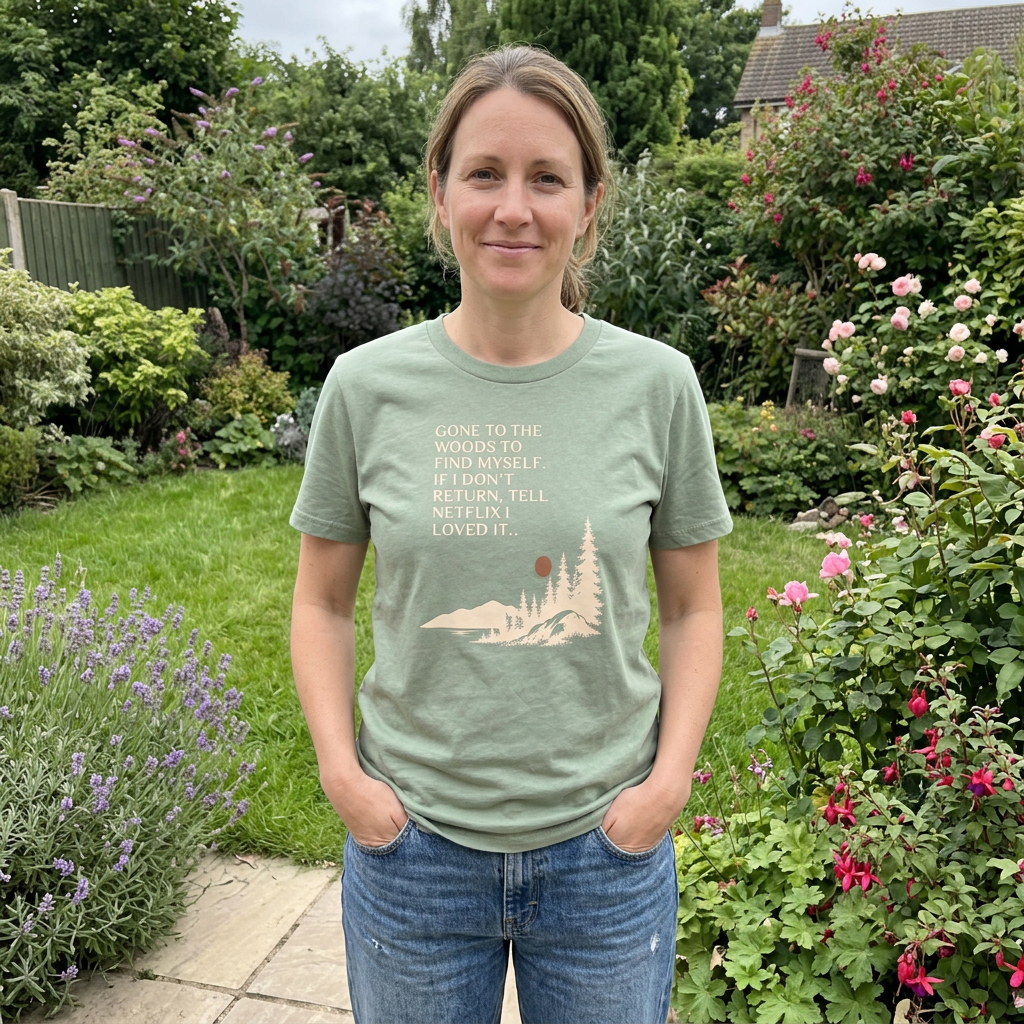 Sage green hiking t-shirt with woodland scene graphic and quote, worn by model