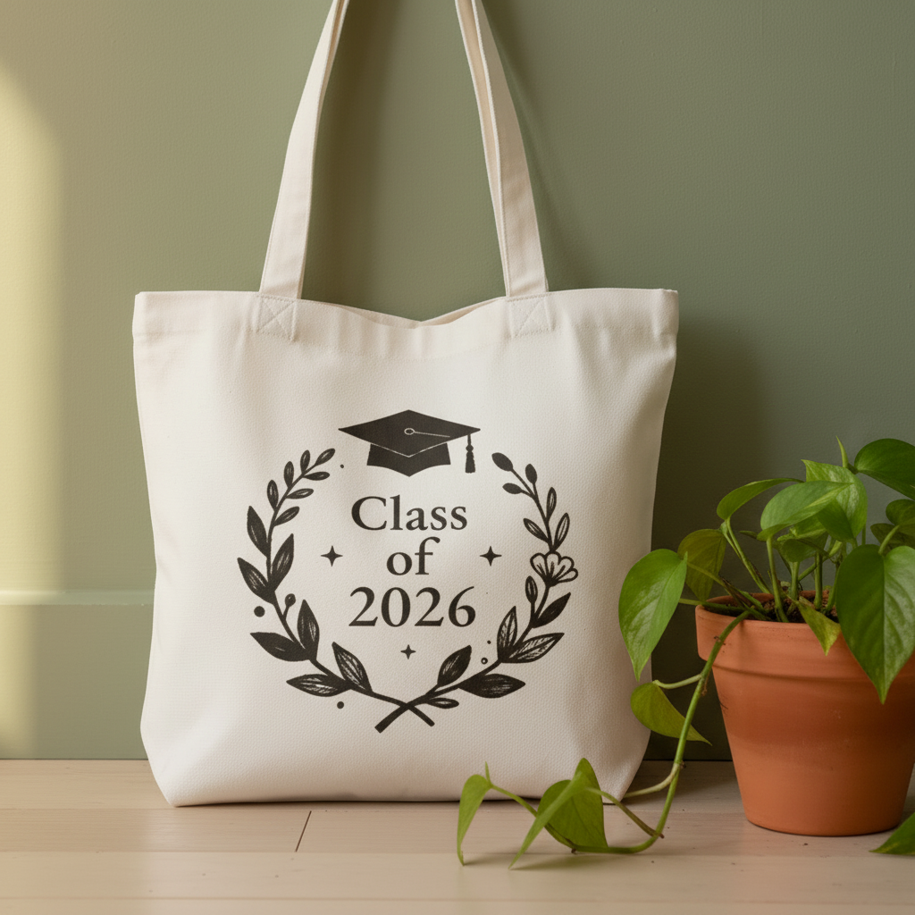 White graduation tote bag close-up with Class of 2026 cap and wreath logo print