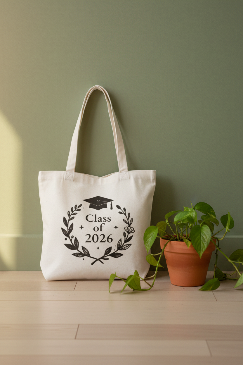White graduation tote bag with Class of 2026 cap, stars, and wreath print