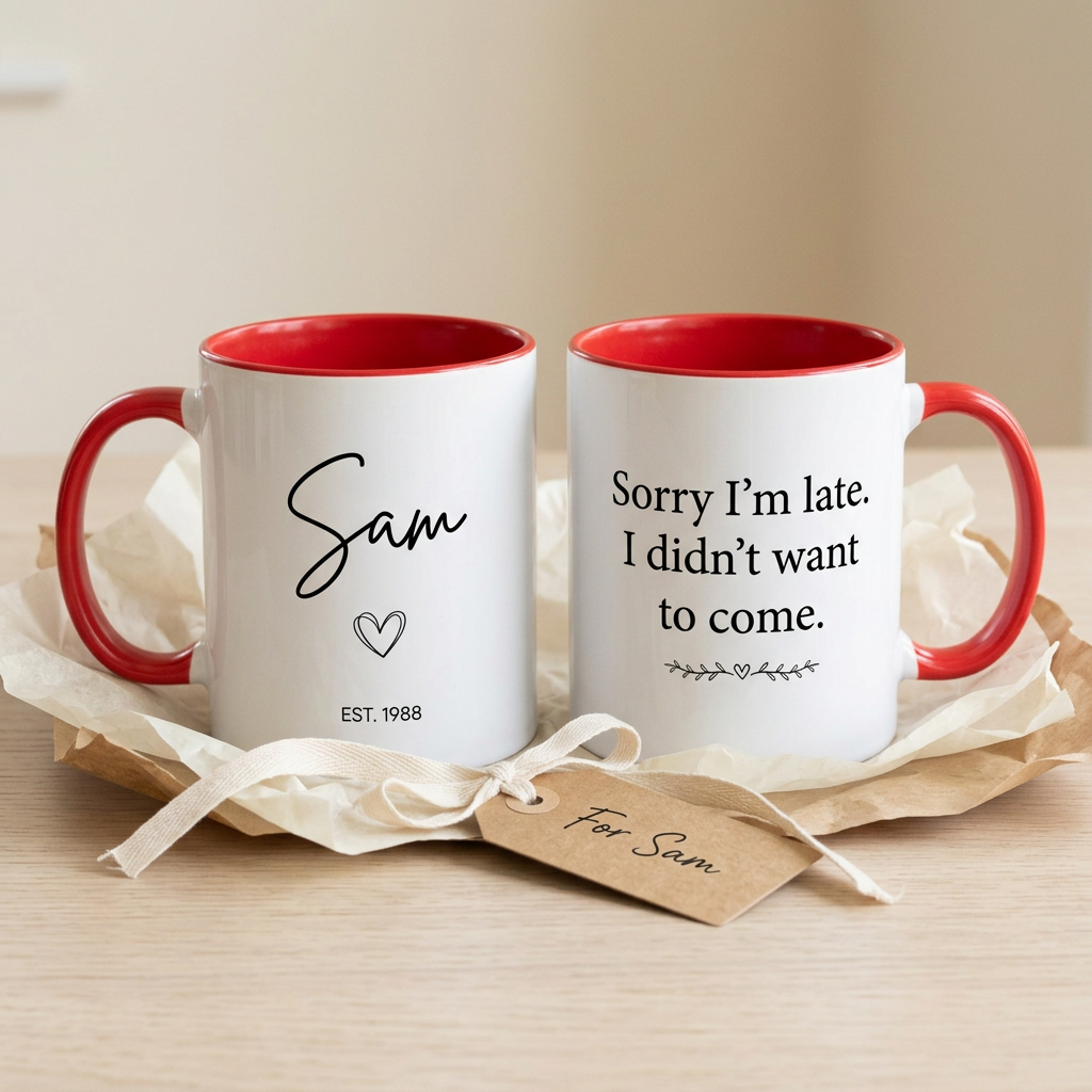 Sam EST. 1988 red mug with a funny British quote, styled with gift wrapping