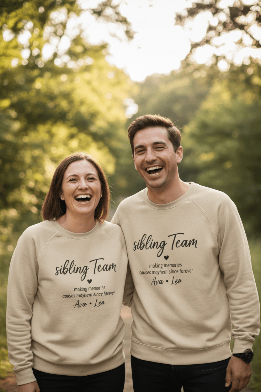 Sand crewneck sweatshirts on two people with 'sibling Team' quote and names