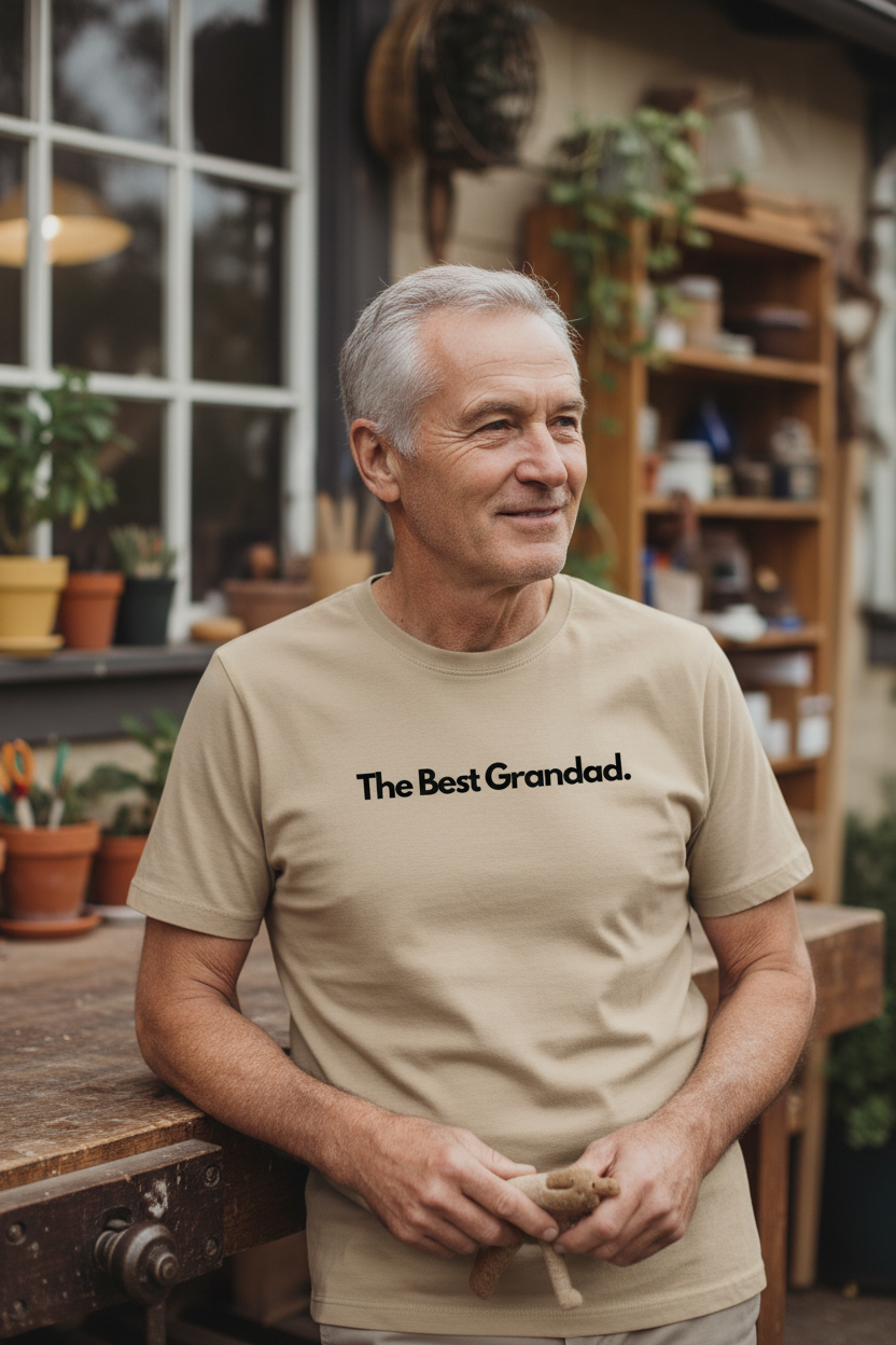 Beige unisex T-shirt with front text “The Best Grandad.”