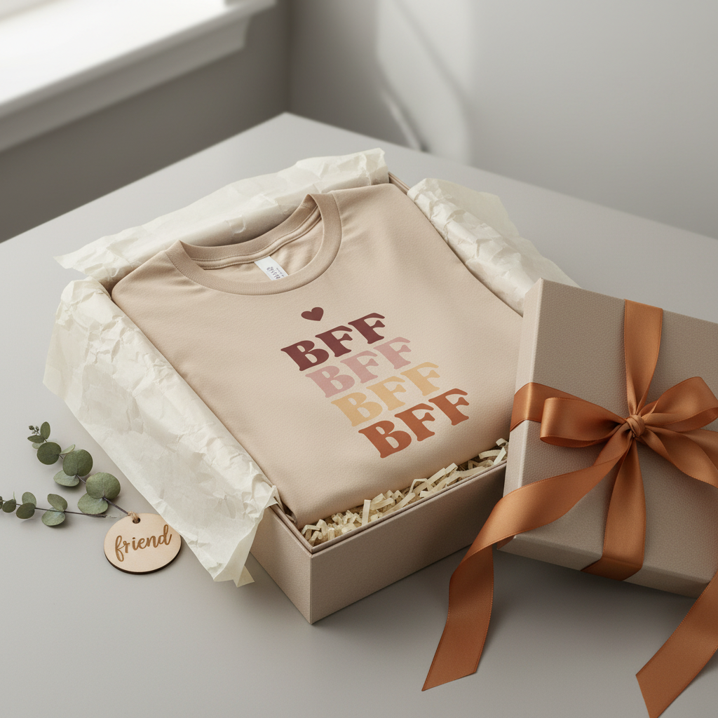 Beige t-shirt with stacked BFF ombre graphic and heart