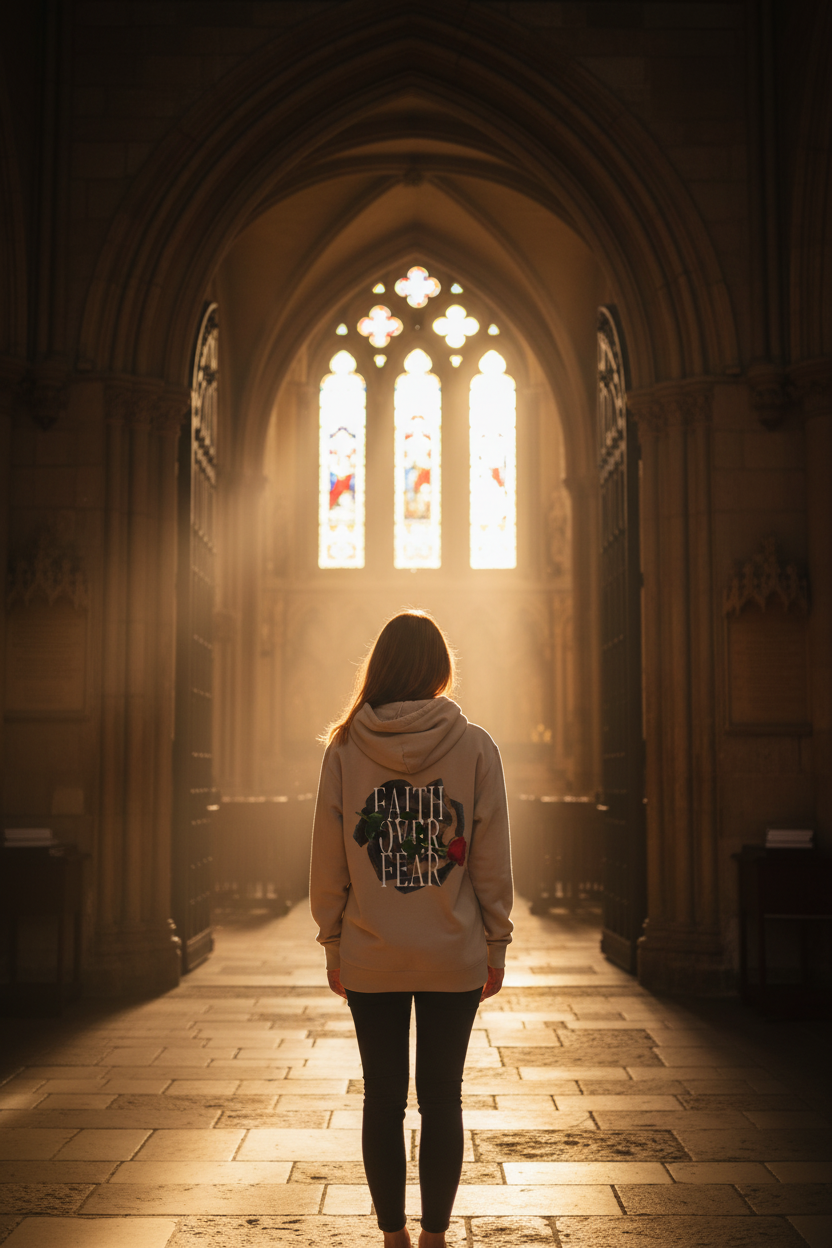 Beige unisex hoodie with Faith Over Fear back graphic, hood and kangaroo pocket