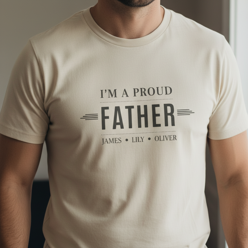 Beige dad T-shirt with 'I'M A PROUD FATHER' graphic and names JAMES • LILY • OLIVER