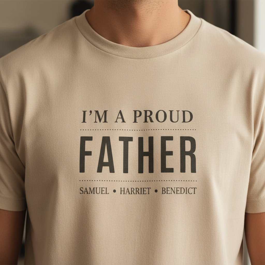 Beige dad T-shirt neckline close-up with 'I'M A PROUD FATHER' and names