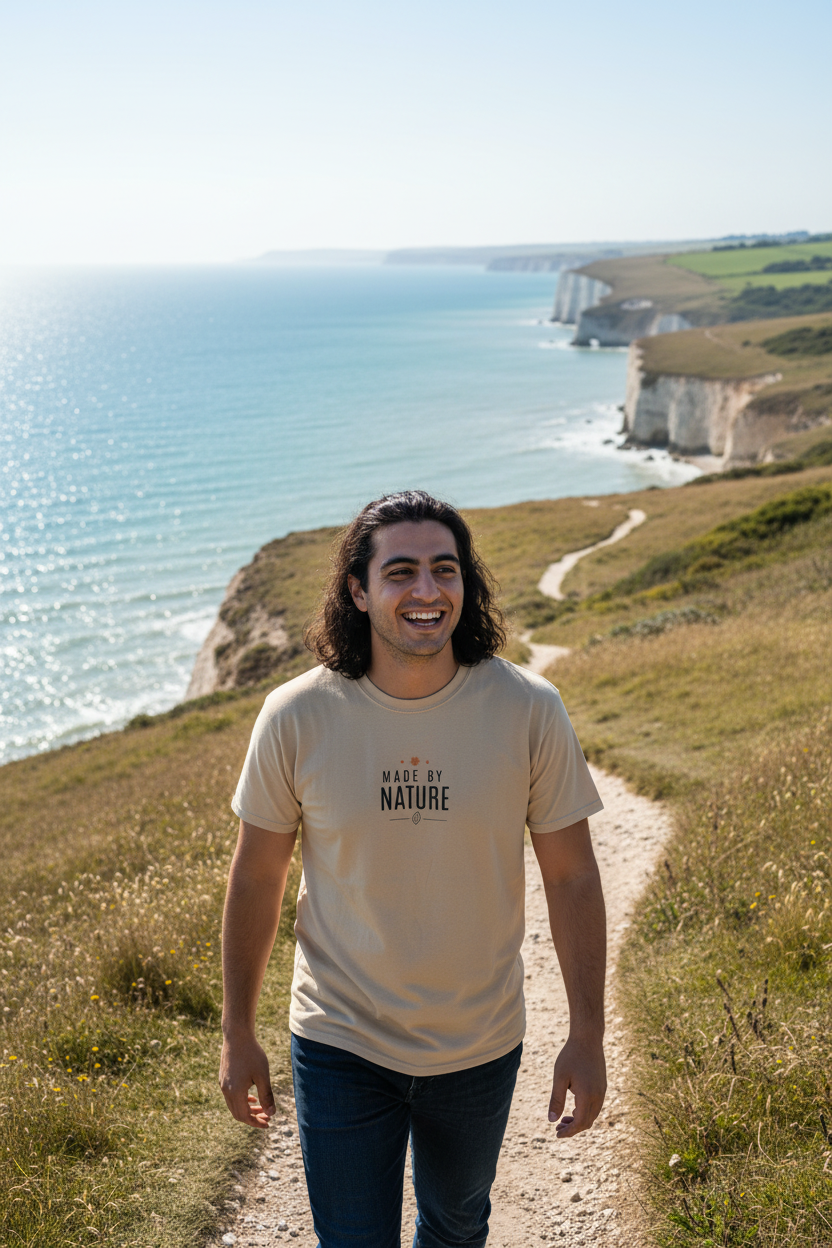 Light tan crewneck t-shirt with "Made By Nature" logo print on wearer