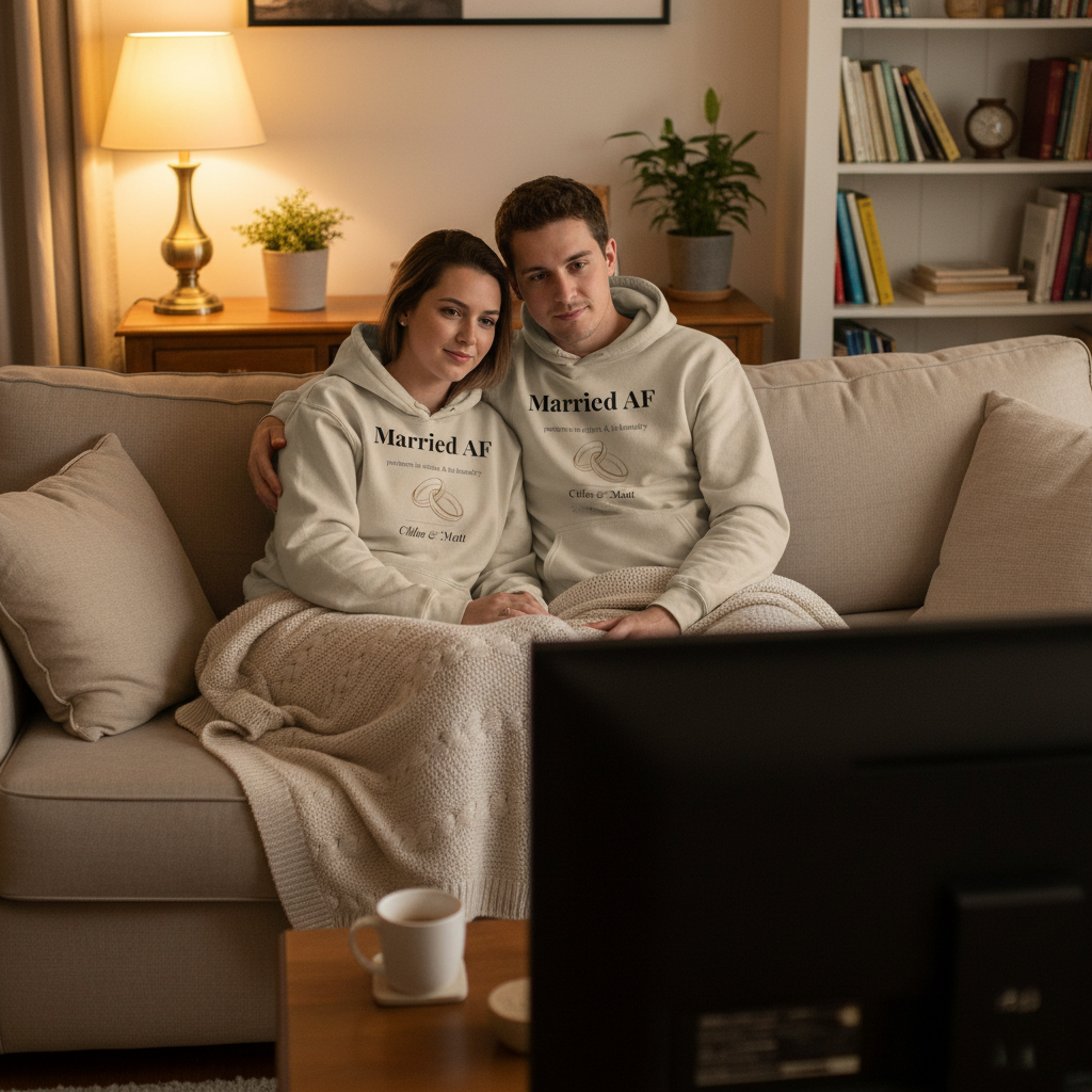 Light gray couples hoodies worn by a couple, 'Married AF' front text visible