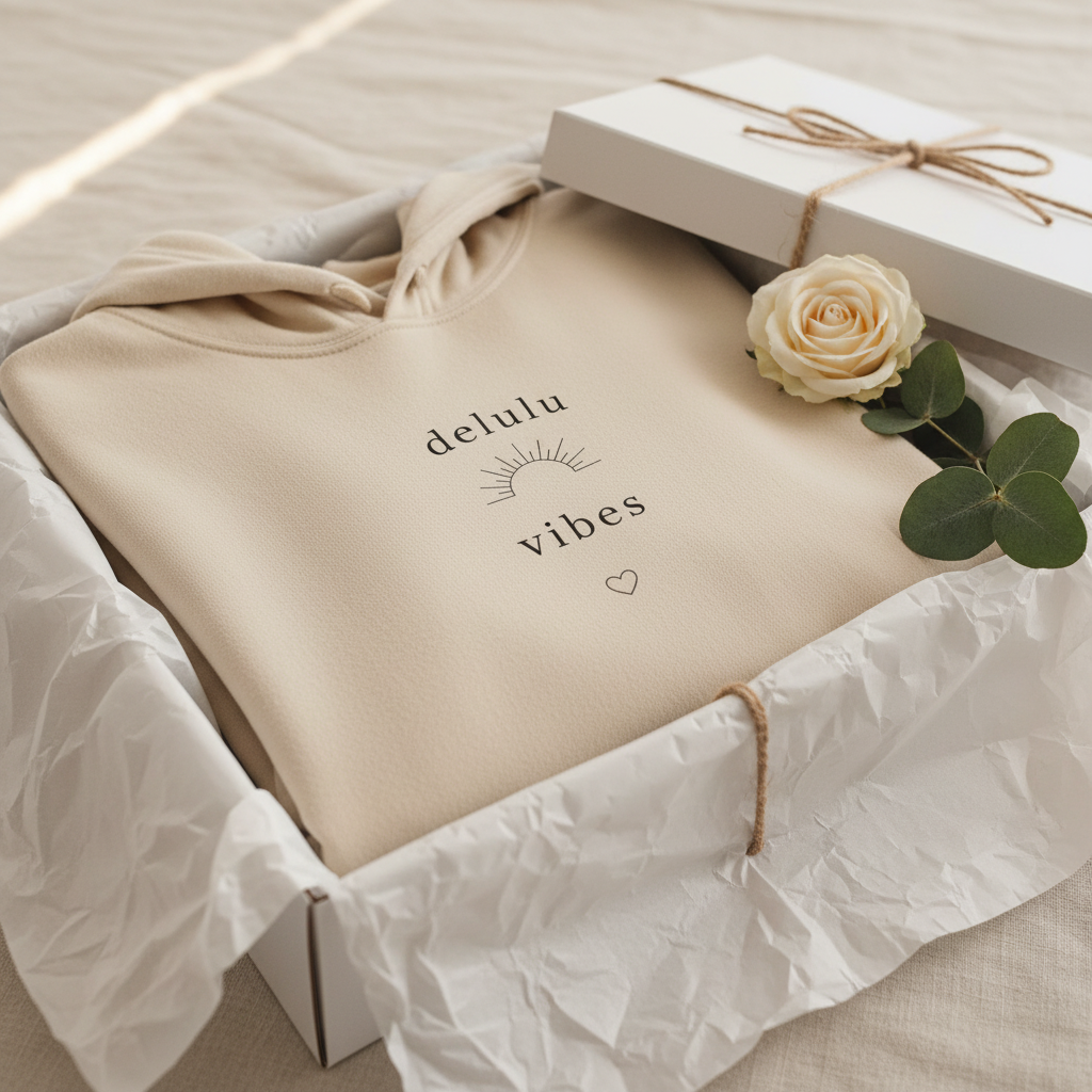 Beige hoodie with drawstring hood, small chest slogan graphic, laid in gift box