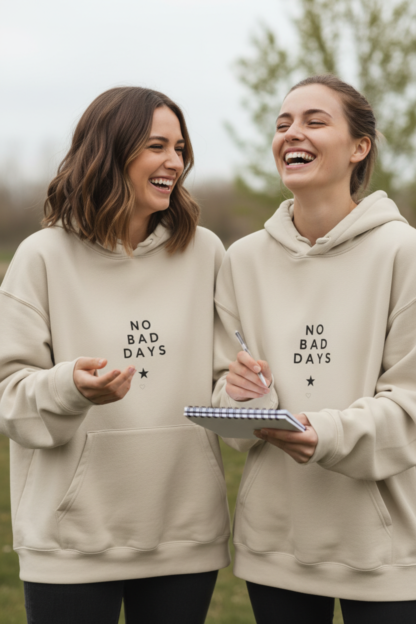 Beige hooded sweatshirt with drawstring hood, front pocket, and chest graphic