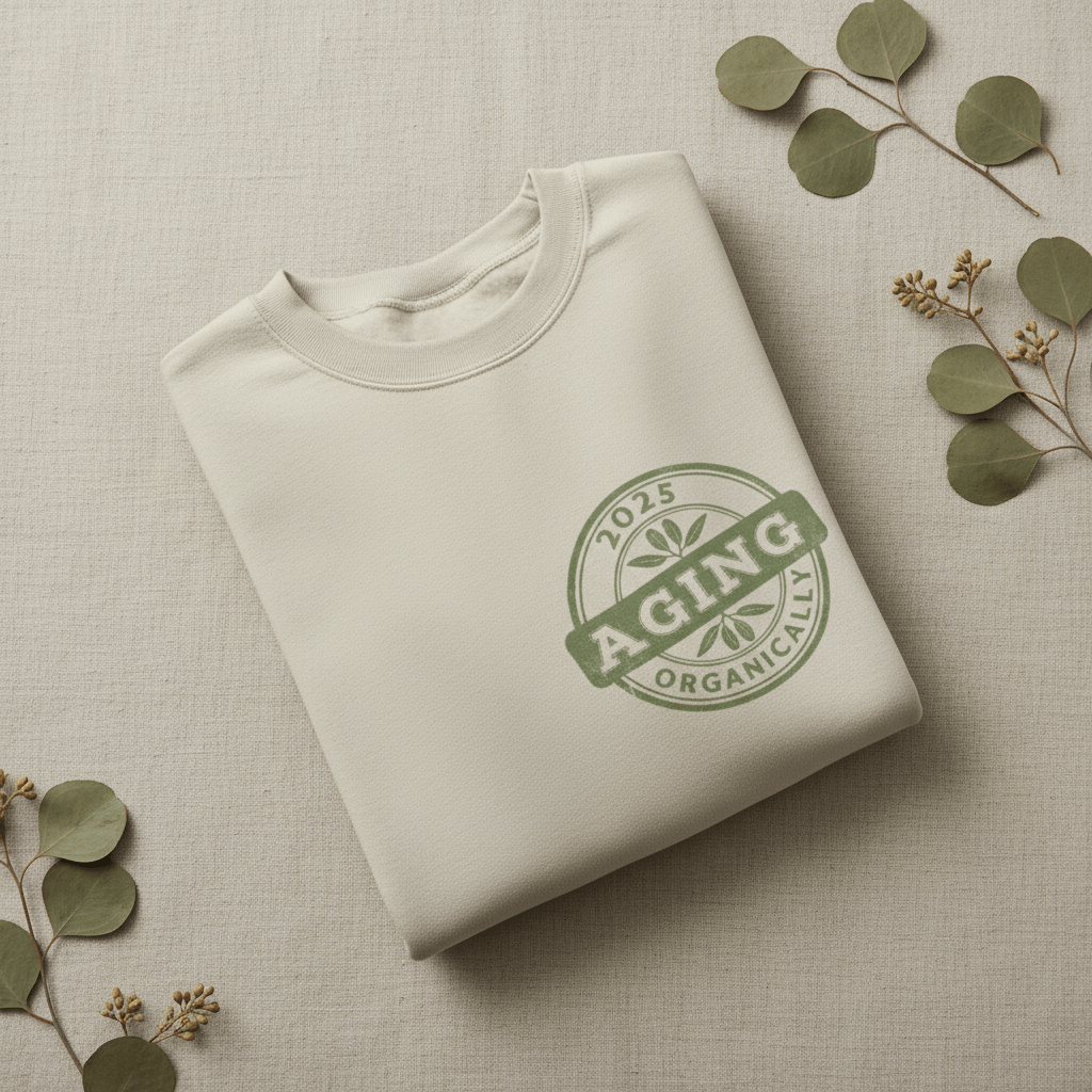 White sweatshirt with crew neck and green circular logo print on chest.
