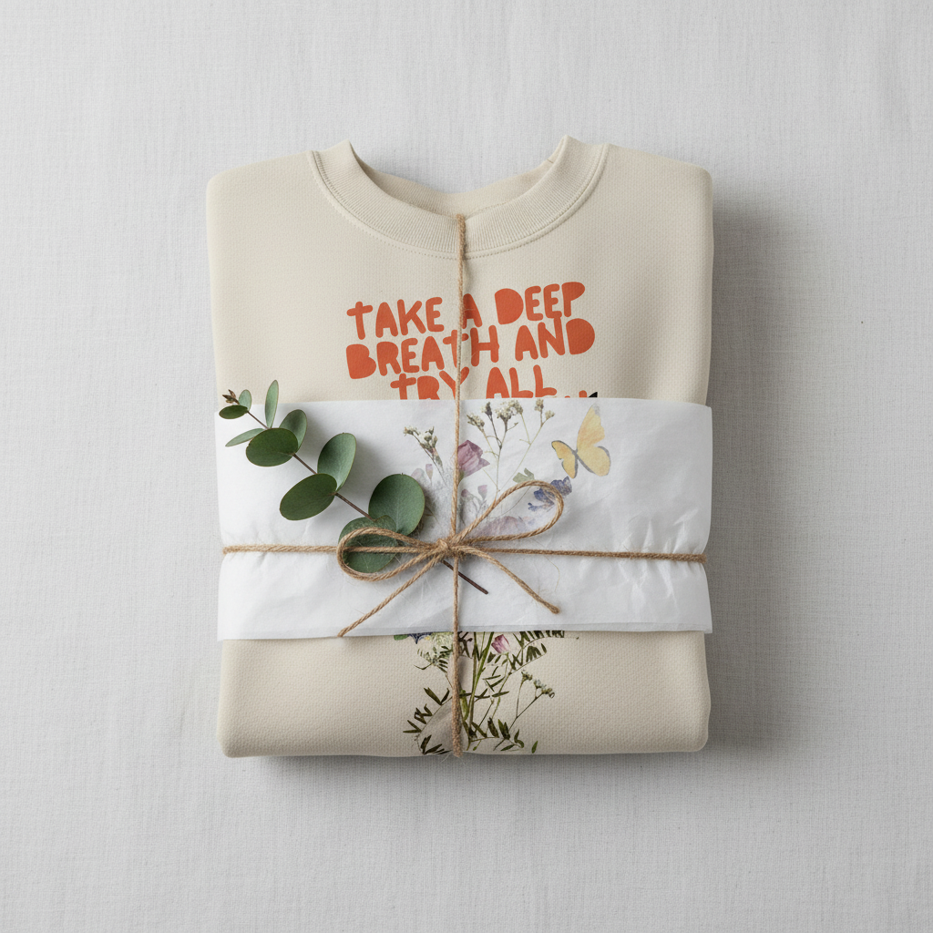 Light cream crewneck sweatshirt folded with ribbon and Take a Deep Breath floral print